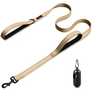 Dog Leash, Heavy Duty Dog Leash, Leashes for Large Breed Dogs, Double Handle Dog Leash, Reflective Training Lead, Perfect for Medium to Large Dogs(5FT, Khaki)