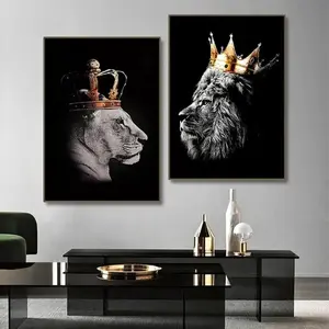 2pcs Lion Couple Wall Decals, Black Lion & Lioness With Crowns Canvas Painting Posters Wall Art Decor, For Home Bedroom Living Room Decor