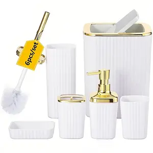 6pcs Bathroom Accessories Set,  Gorgeous Bathroom Set,Toilet Brush, Garbage Can, Soap Dispenser, Mouthwash Cup, Toothbrush Holder, and Soap Box