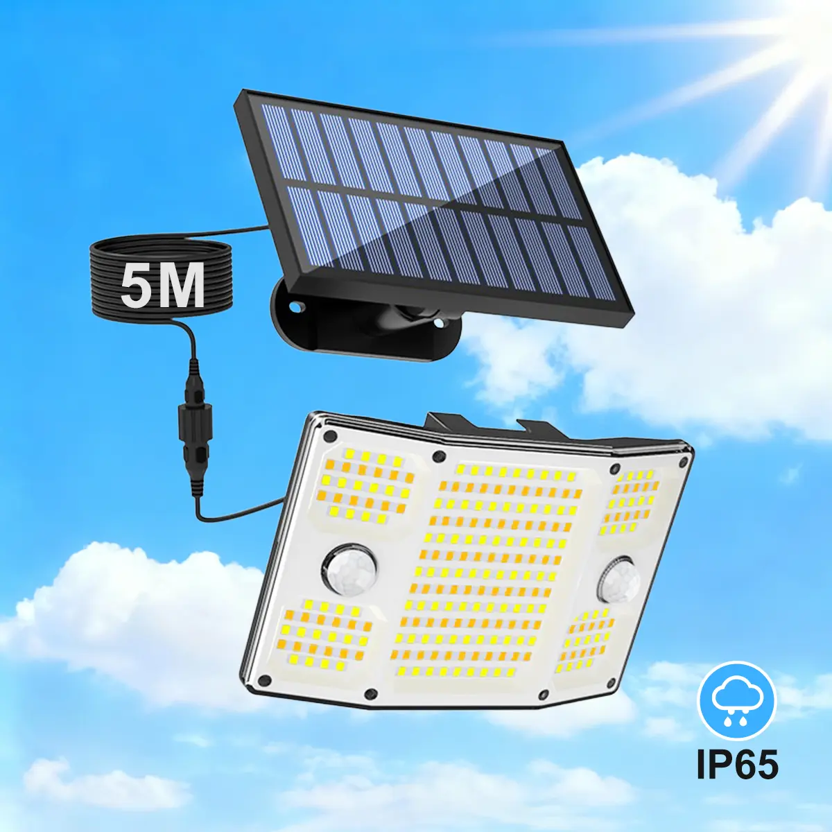 Solar Outdoor Light, 243 LEDs, super bright, IP65 waterproof. Dual light colors, 6 modes, 270° motion sensor. All-night lighting for yard, patio, camping. Ideal for Halloween & Christmas.