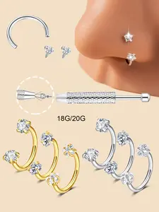 Unisex Gender Neutral Stainless Steel Cz Sparkling Inlay Nose Ring, Fashionable Party Jewelry, 20g/18g Body Piercing, Versatile Heart Pattern, All Seasons, Body Piercings Set