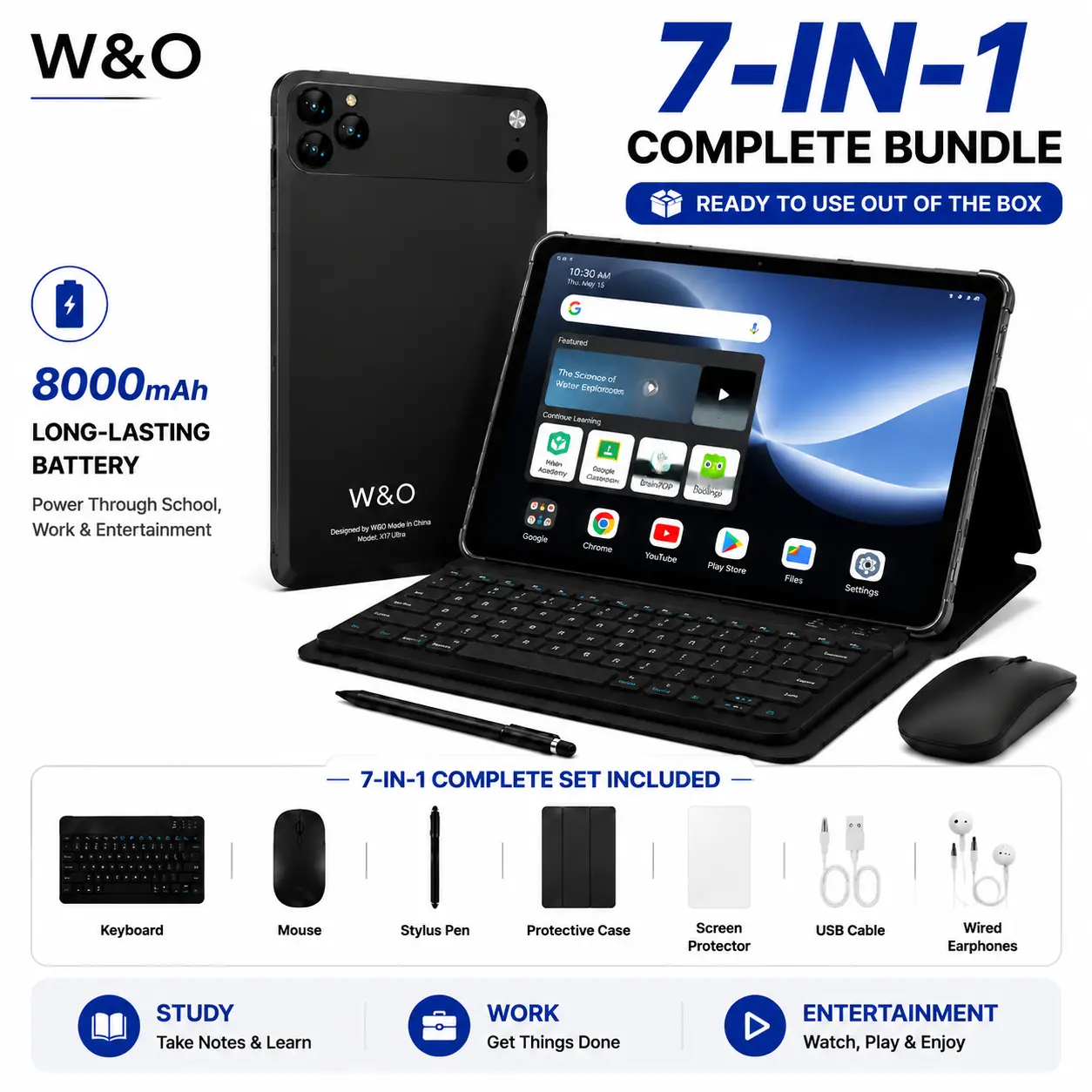 W&O X17 Ultra 10.1" Android 15 Tablet with Keyboard and Mouse, 8GB RAM 256GB ROM, 8000mAh Battery, 7-in-1 Tablet Bundle with Stylus Pen Case Screen Protector, Portable Tablet for Students, Work & Entertainment cam dual