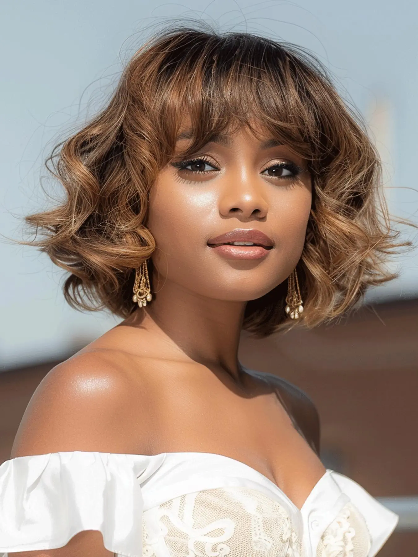 10 Inch Short Wavy Bob Wigs for Women, Real Hair Wig, Gorgeous Fluffy Wigs with Bangs, Adjustable Human Hair Curly Wigs for Party, Daily Use