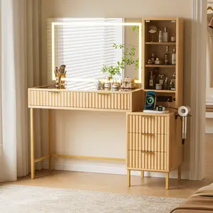 EOYUTLLY 48" Fluted Makeup Vanity Desk with 36" Mirror and Light,Modern Glass Top Vanity Table with Charging Station,5 Drawers, 3 Adjustable Shelves & 3 Color Lighting Mode, Bedroom Dressing Table,Oak vanity