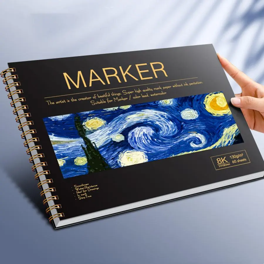 A4/8K Markers Drawing Book, 1 Count 60 Sheets Hard Cover Spiral Marker Drawing Pad, Multi-purpose Sketching Drawing Notebook, Watercolor Workbook, Art Supplies for Home Office School