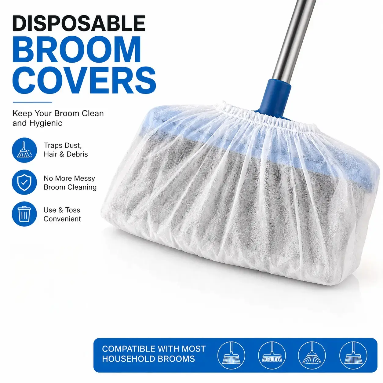Disposable Broom Head Dust Covers, Non-Woven Sweeper Refill Pads, Electrostatic Duster Cloths That Traps Hair & Dust, Mess-Free Cleaning Pads for Most Brooms