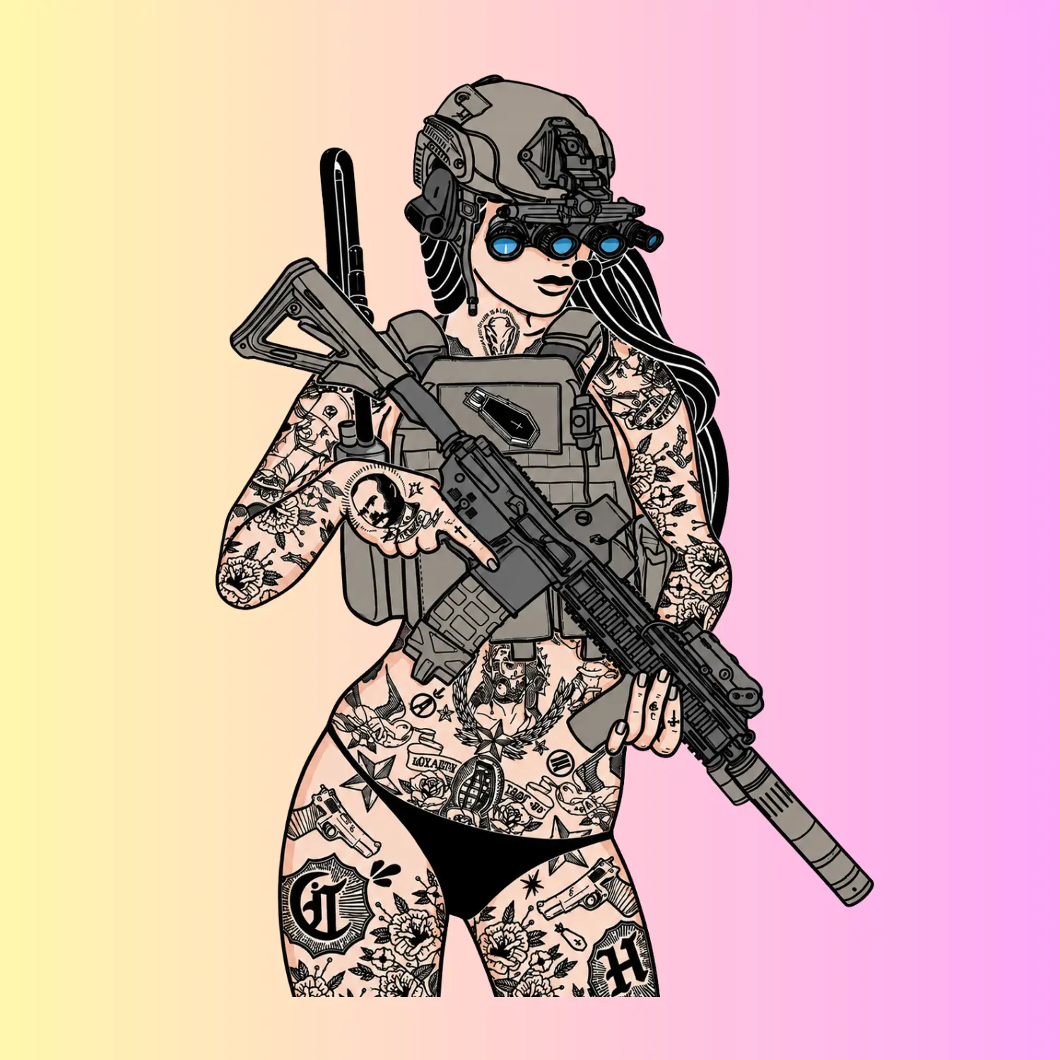 Tattoo Tactical Anime Girl Sticker, Helmet Rifle Character Vinyl Decal, Military Style Girl Sticker for Laptop Car Water Bottle