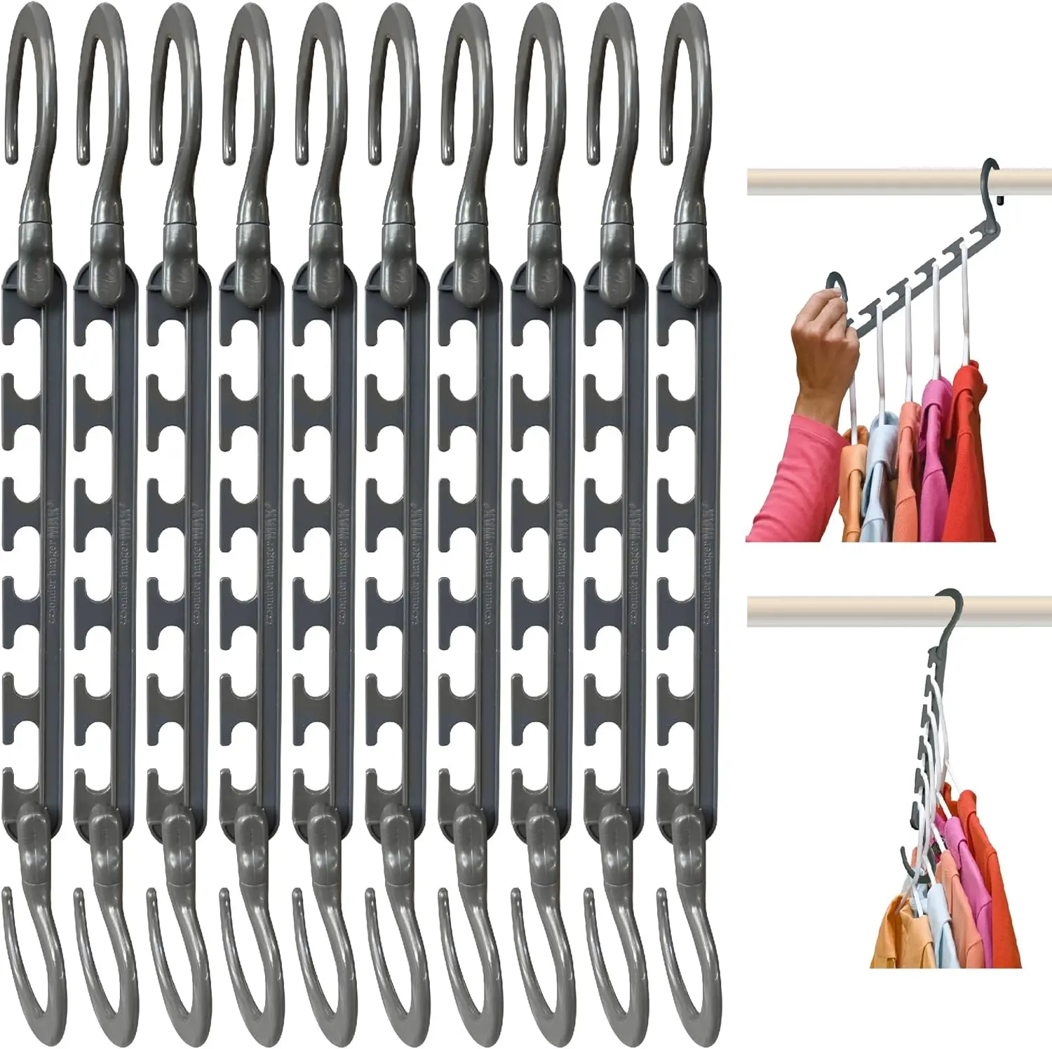 Max Space Saving Closet Hangers, 10-Pack, 360° Swivel, Grey | Cascading closet hangers organize shirts, pants and accessories vertically to save space; foldable 360° swivel design