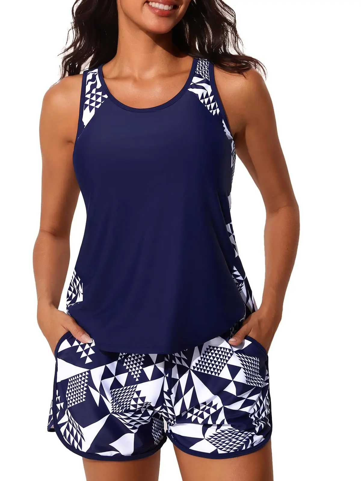Women's 2026 Tankini Sports Swimsuit 2-Piece Set, Tummy Control, Padded Cups, Side Print, Full Linings, Swim Shorts with Sporty Pockets