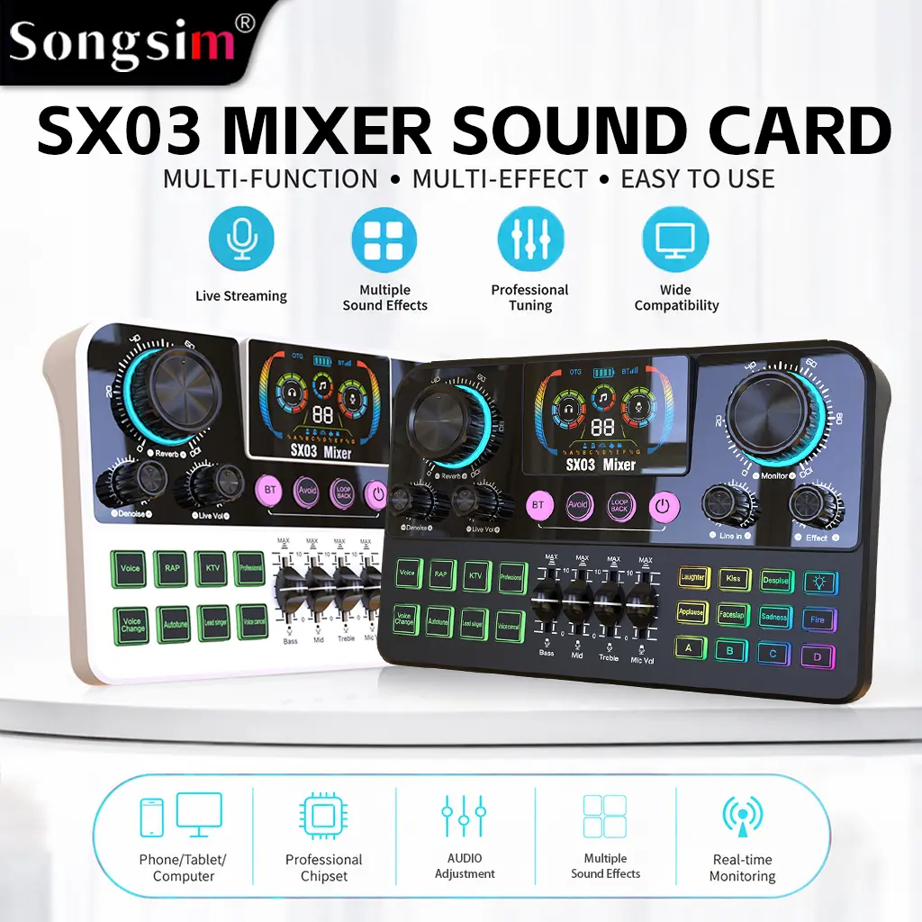 Songsim SX03 Audio Mixer - 1-Click Bluetooth Mode, Multiple Faders & Knobs for Easy Vocal, Accompaniment & Reverb Control, No Complex Setup, Built-In Ducking, Auto-Tune, Voice Changer, Noise Reduction & Scene Presets, Accompaniment Control, Yes, Adjustabl