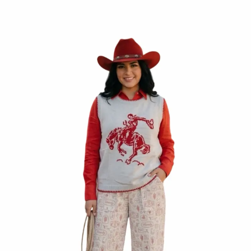 Hat Off to the Cowboy Sweater Vest - Red and White Design with Horse Motif