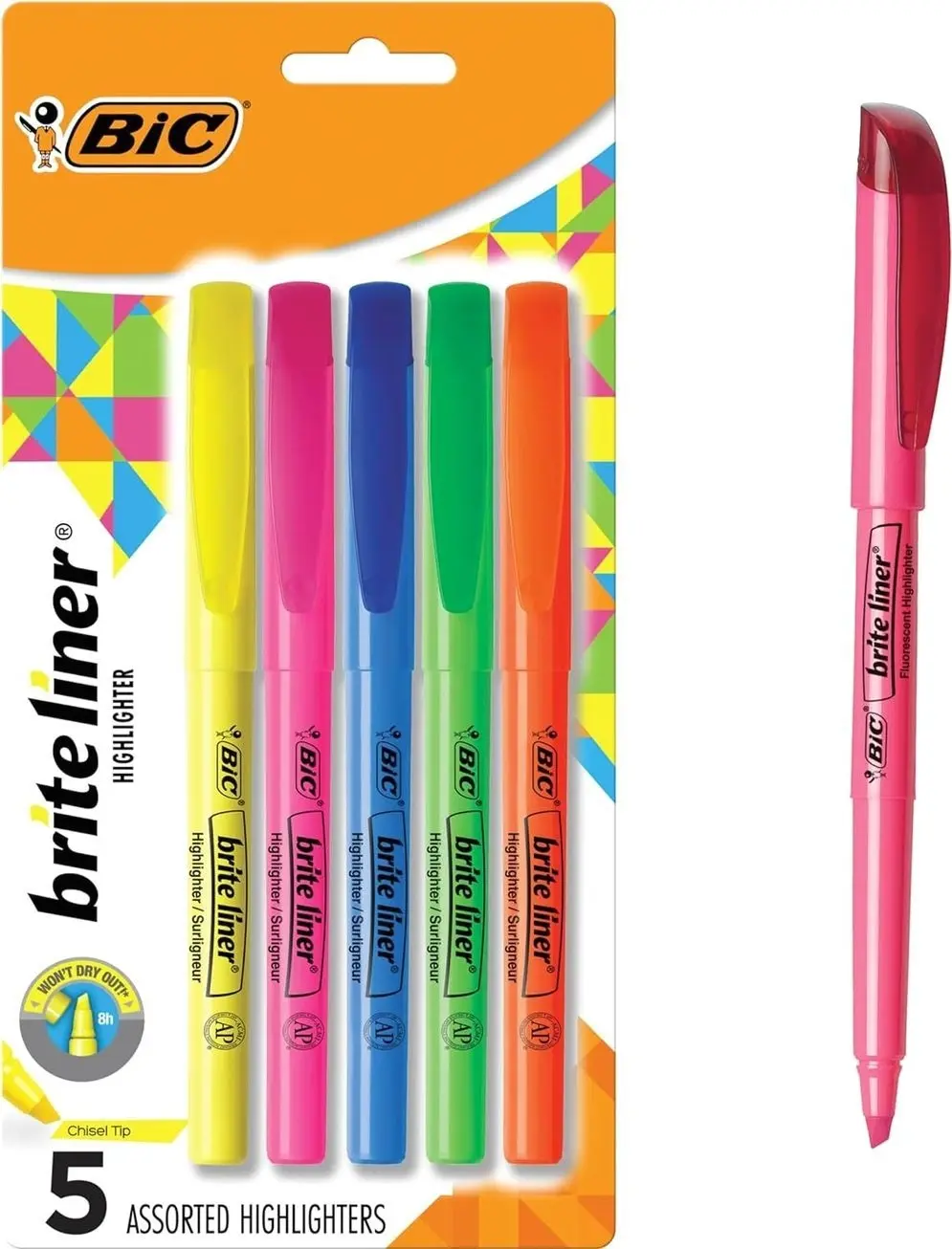 BIC Brite Liner Highlighters, Chisel Tip, 5-Count Pack, Assorted Colors
