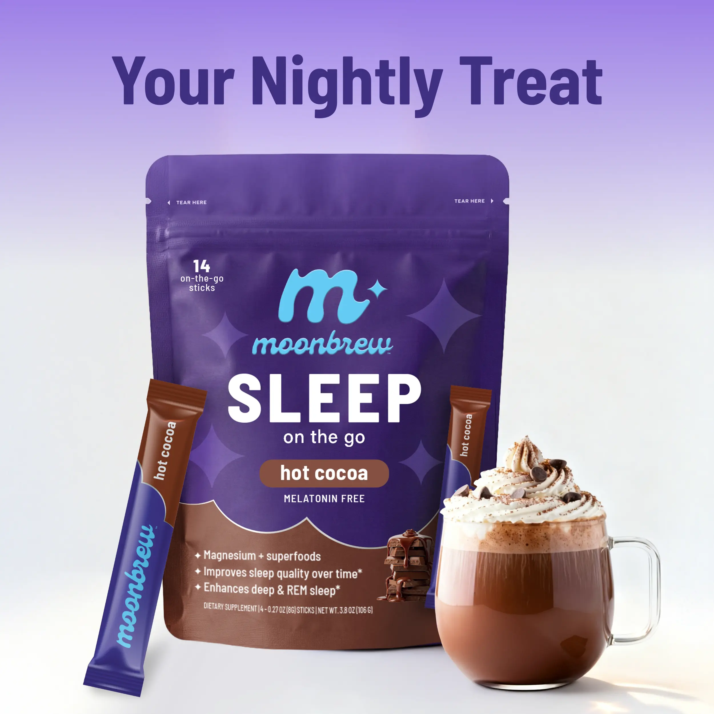 MoonBrew Hot Cocoa Sleep & Calm Stick Packs - Melatonin-Free Magnesium Mix with Superfoods | Sugar-Free, Vegan, Gluten-Free | 14 Single-Serve Packets