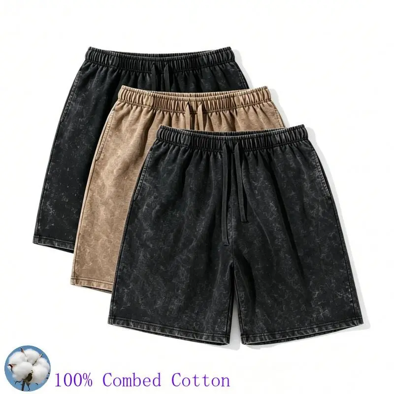 Men's Washed Vintage Retro 100% Combed Cotton Drawstring Beach Shorts - Above-the-Knee, Plain Fabric, Elastic Waist, Loose Fit, Breathable, Soft, Durable, S-3XL, Side Pockets, Sporty Chic Casual Streetwear, Ideal for Summer Daily Wear, Comfy Men's Shorts
