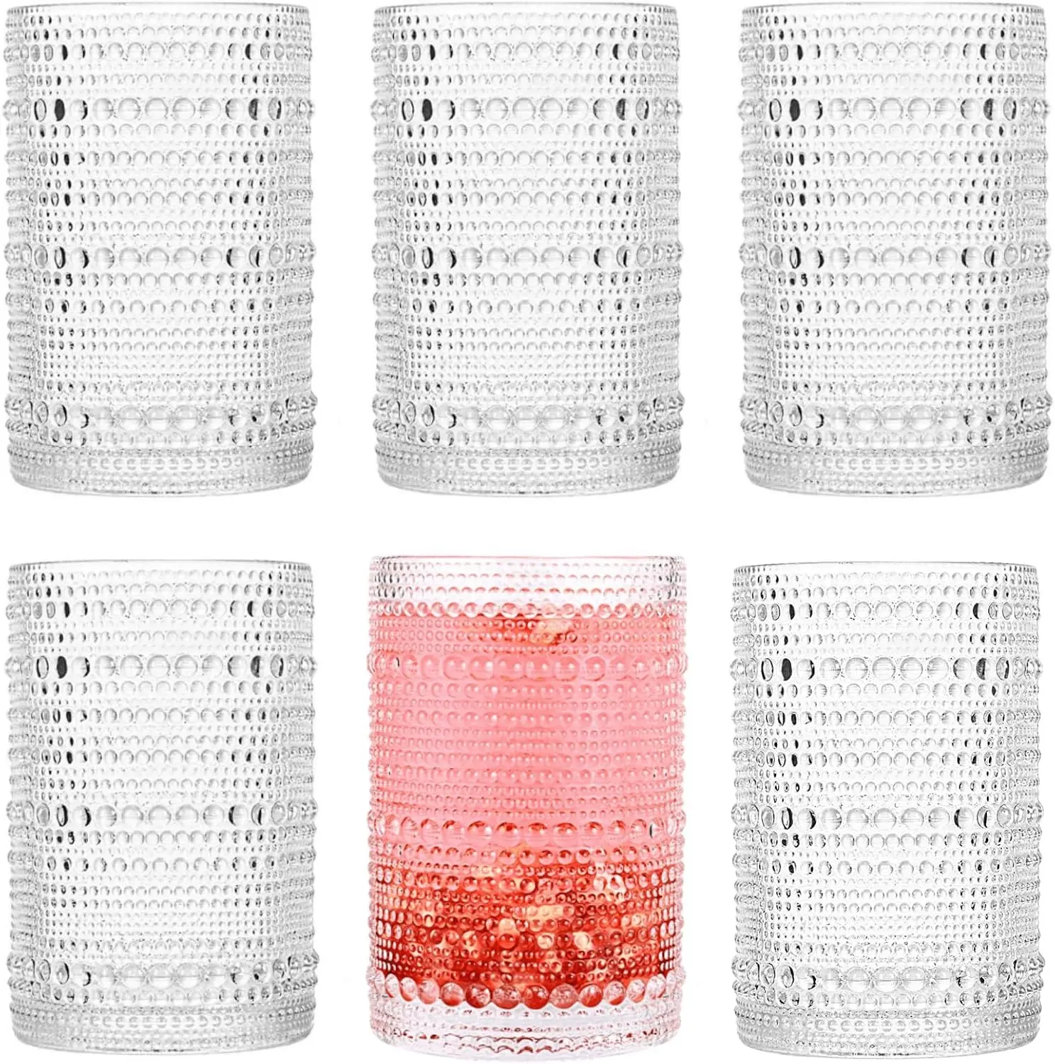Hobnail Drinking Glass Set of 6,13oz Clear Vintage Glassware,Embossed Glass Cups,Water Tumbler,Highball Glasses For Beer, Juice And Various Mixed Drinks