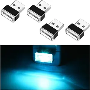 4 count USB LED  Interior Atmosphere Lamp, Portable Mini LED Night Light, Plug-in USB Interface Trunk Ambient Lighting Kit, Universal  Interior Accessories (Ice Blue)