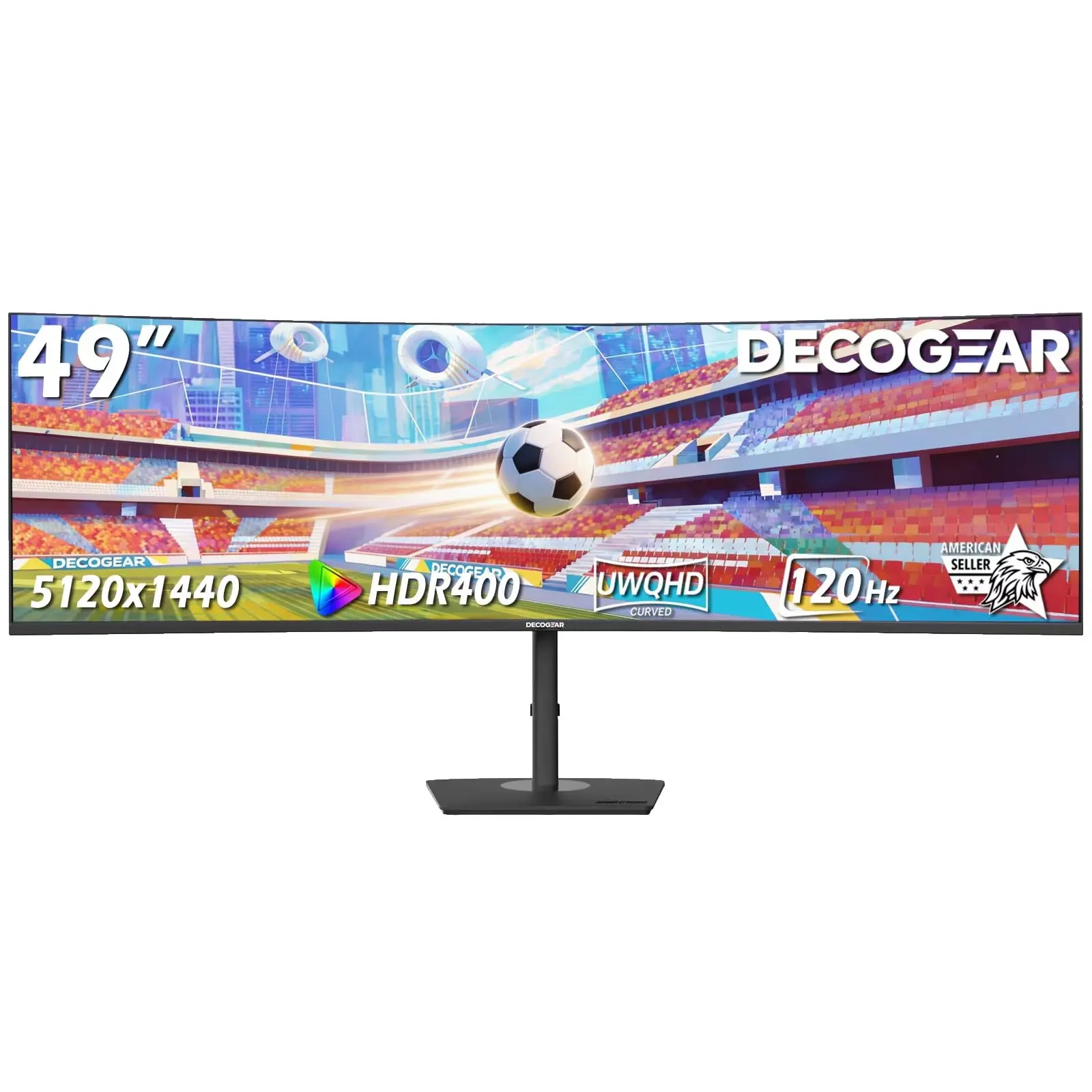 Deco Gear 49” Curved Ultrawide Dual-QHD Monitor, 5120 × 1440 Resolution, 120Hz, 1ms, USB-C 65W Power Delivery, Built-In KVM Switch, HDR, Adaptive Sync