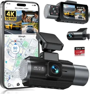 【FathersDayGift】GKU 4K 3 Channel Dash Cam Front and Rear Inside, 3" IPS Screen, 5.8GHz WiFi Dash Camera for Cars, Built-in GPS, G-Sensor, 64GB Card Included, 24H Park Mode