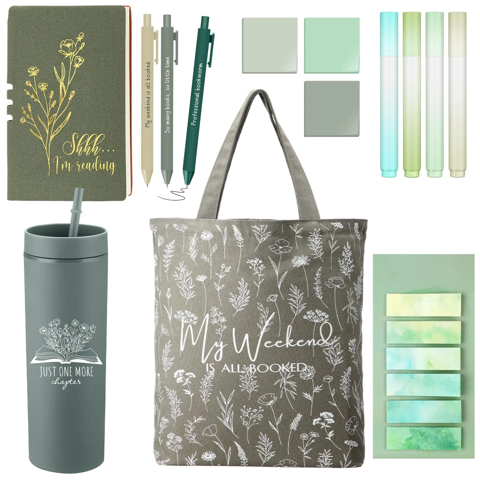 Gejoy Book Lover Gift 14 Pcs Reading Gift Set with Canva Bag A6 Journal Notebook 16 oz Green Plastic Tumbler Ballpoint Pens Highlighters Sticky Notes,School Study Supplies for Women Teacher Librarian Bookworm Readers Student, Back to School Gift