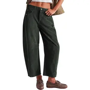Women's Corduroy Pants Barrel Mid-Rise Elastic Waist Cord Pants Casual Wide Leg Baggy Trouser with Pockets Can be used with raincoat