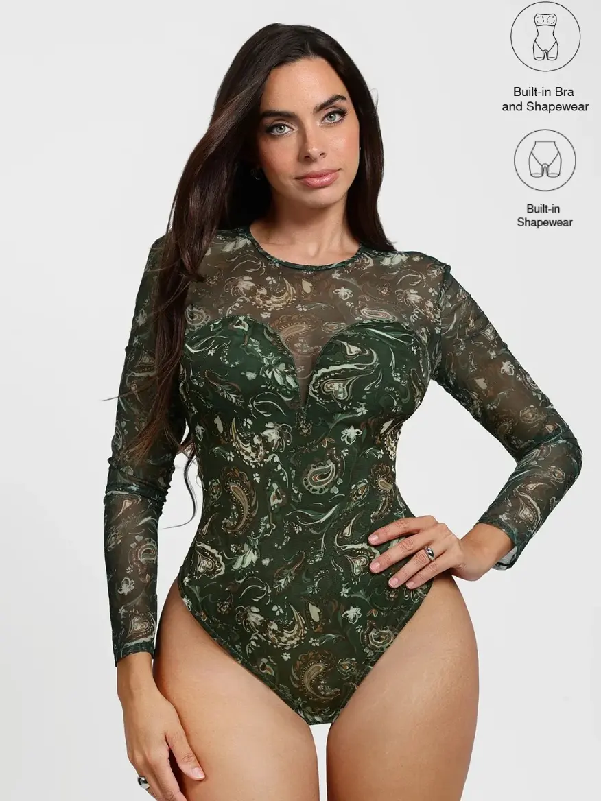Popilush Essential Deep V-Neck Long Sleeve Bodysuit  Breathable Fabric Sheer Lace Turtleneck with Built-in Bra & Tummy Control Casual