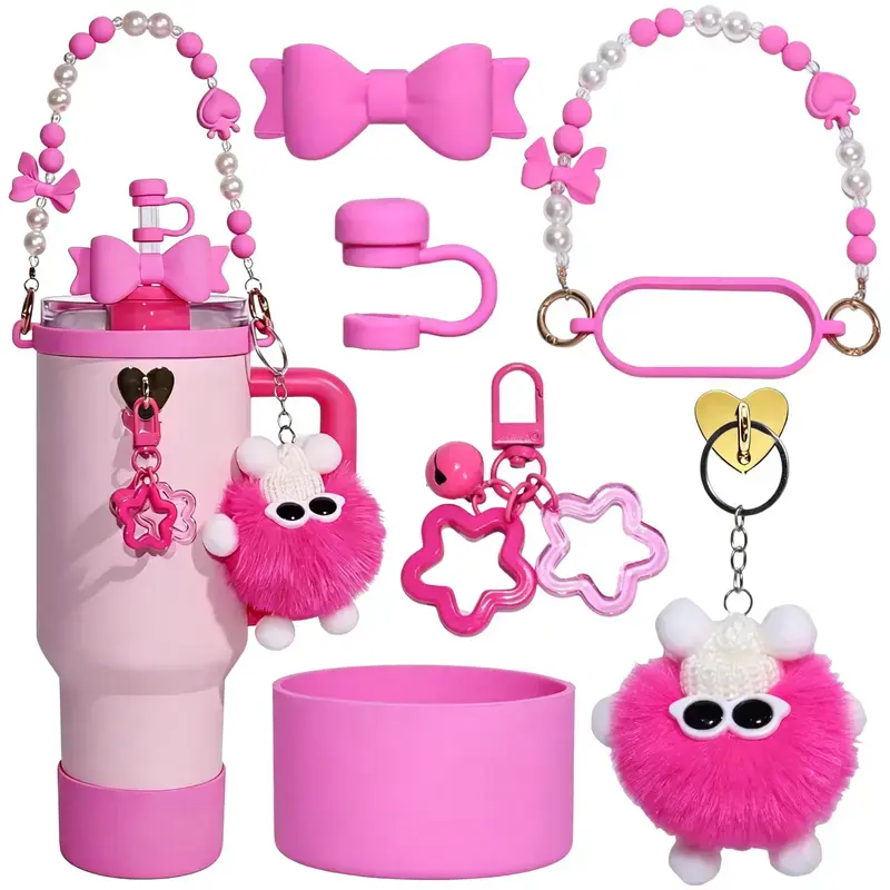 All in One 7 Piece Ice Crack Tumbler Accessory Set with Matching Bow Cup Chain, Food Grade Silicone Straw Topper, Anti Slip Cup Sleeve, Heart Tassel Hook and Decorative Charms, Full Coordinated Tumbler Decor Kit in Multiple Colors