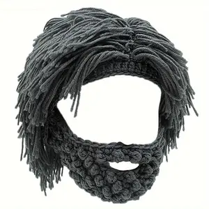 Acrylic Punk Style Beanie with Attached Straight Hair Wig and Knitted Beard, Fun Party Ski Mask Hat for Halloween, Christmas, and Holiday Celebrations