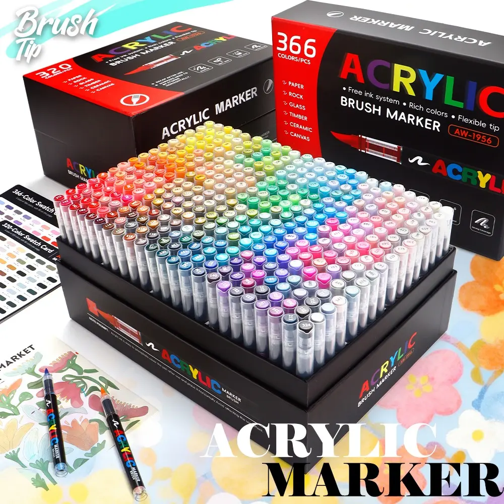 Aw-1956 Soft Tip Acrylic Markers Set, Brush Pens, 320/366 Colors, Replaceable Flexible Nibs, Full Color Coverage, Multi-Material Drawing Tools, Art Drawing Supplies, Art Materials