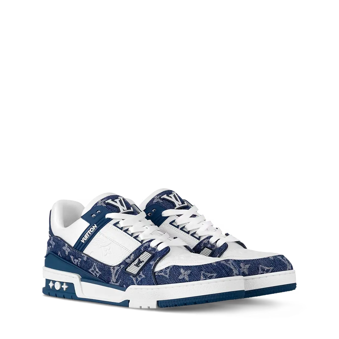 ‮   nottiuV siuoL ‬    X   Classic Ｔｒａｉｎｅｒ Ｓｎｅａｋｅｒ Retro Skate Shoes, Premium Denim Blue White Low-Top Leather Sneakers for Men