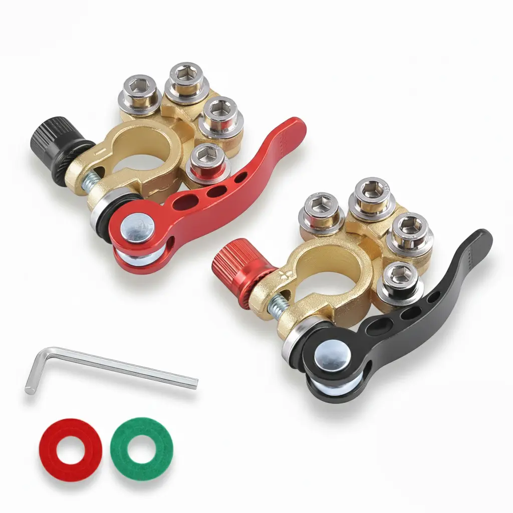 Universal Battery Terminal Clamp Connectors 2 Piece Set with 4 Way Quick Disconnect Design Fits SAE JIS Type A Terminals for Car Truck Motorcycle Battery Maintenance