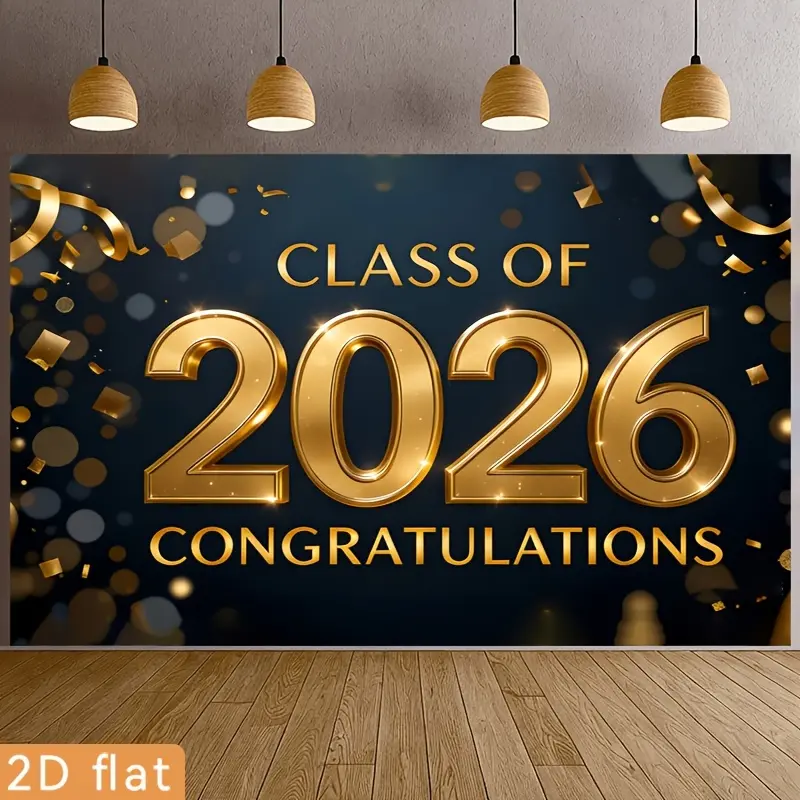 Classic Class of 2026 Graduation Tapestry Backdrop - Golden Confetti Ribbon, Polyester HD Print Wall Hanging, Family Nail Decor for Thanksgiving, Independence Day, Wedding Photography Background