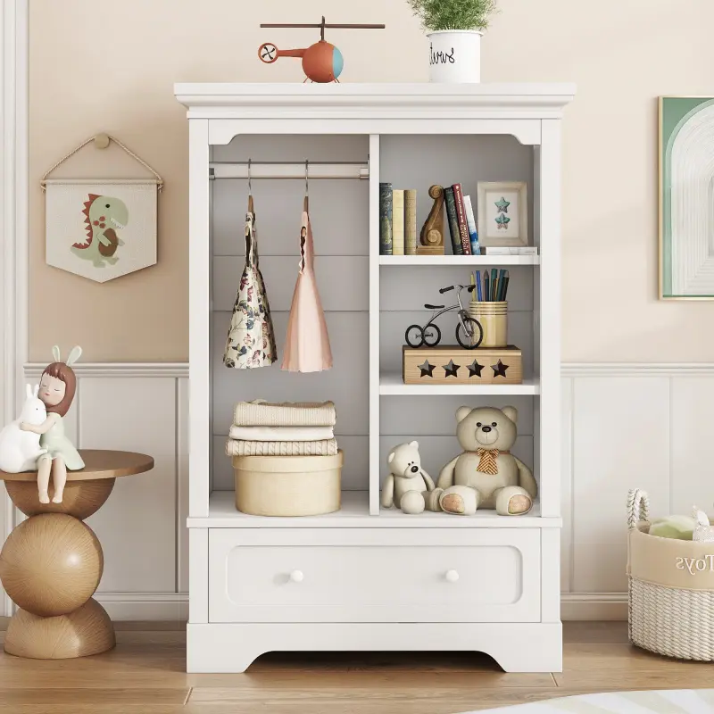 Open children's wardrobe with a hanging rod and open shelves one large drawer low design close to the ground for easy access white.