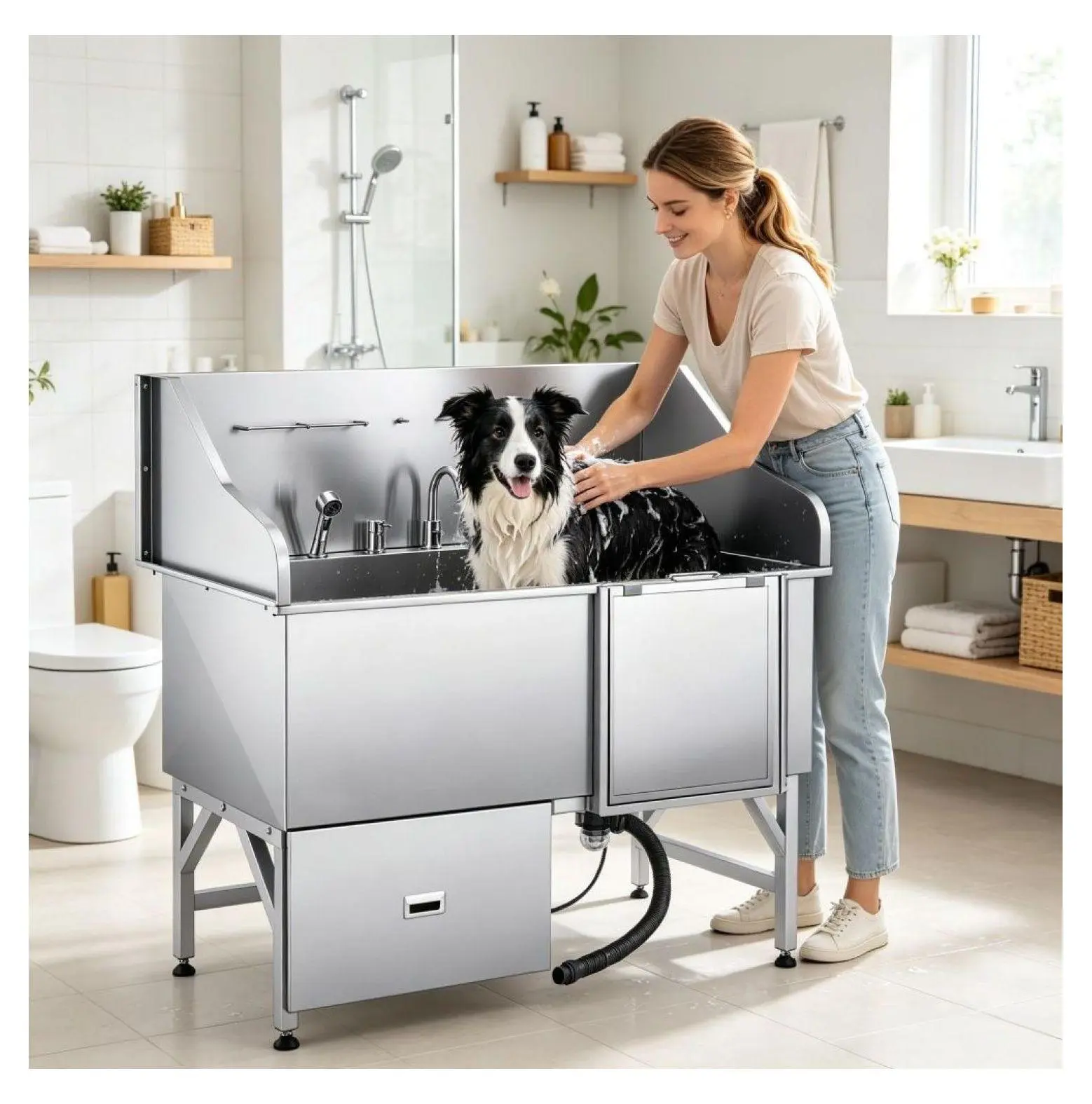 Stainless Steel Dog Washing Station Complete Kit, Pet Grooming Tub with Ramp, Storage, Hot-Cold Water, Adjustable Showerhead, Water Filter, 440lbs Capacity