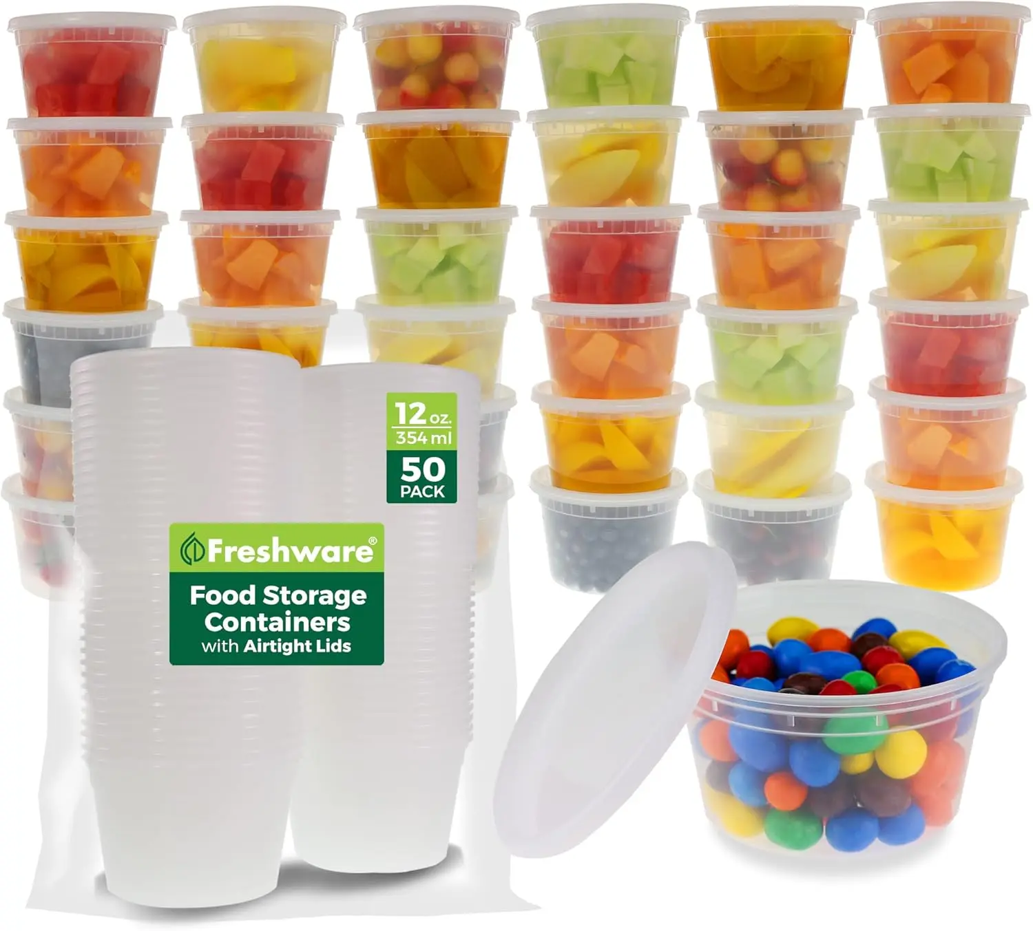 FRESHWARE 50-Set 12oz Cylindrical Airtight Plastic Deli Containers with Lids - BPA-Free, Leakproof, Stackable, Reusable Kitchen Household Products for Meal Preps, Storage - Microwave/Freezer/Dishwasher-Safe Recyclable Polypropylene for Restaurants