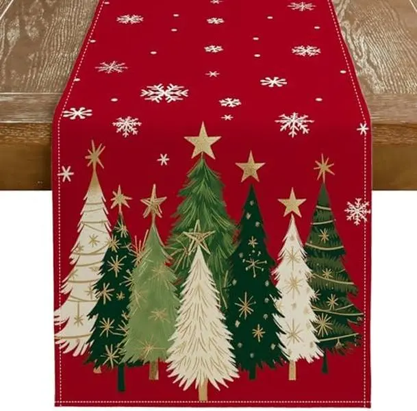 Christmas Table Runner 13x72 Inch, Xmas Trees Snowflakes Winter Holiday Decorative Farmhouse Table Decorations for Kitchen Dinning, Indoor Outdoor Dinner Party Decor (Red) GT150-72