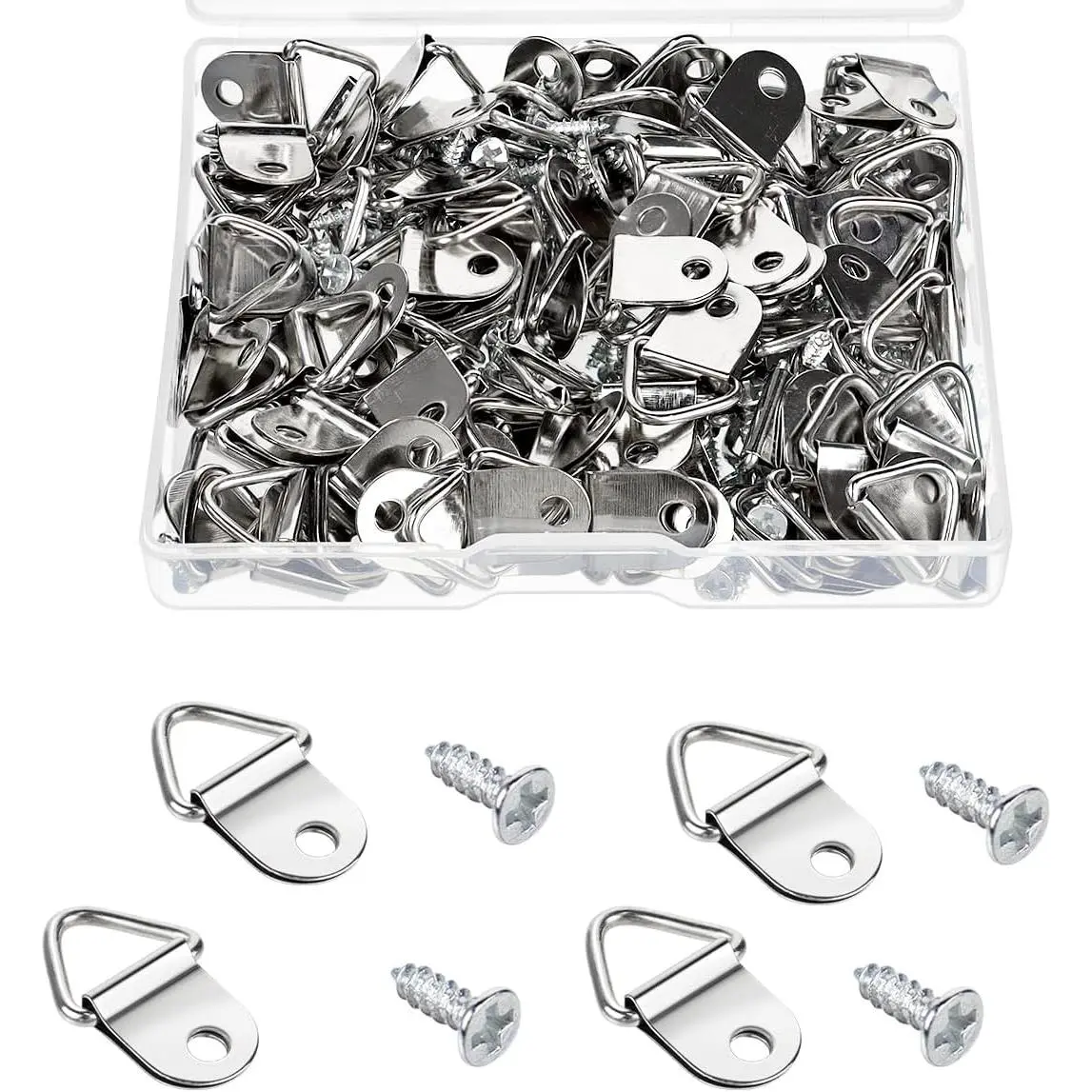 100-Pack Rust-Resistant Steel D-Ring Screw-In Picture Hangers with 8mm Screws, Sturdy Triangle Rings for Frame Hanging, Smooth Synthetic Wall Hooks for Frames, Watercolor Paintings