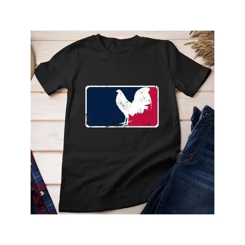Vintage GameFowl Major League Rooster Graphic T-Shirt, 100% Cotton, Black with Red & Blue Stripes, Casual Crew Neck for Parties, Sports & Outdoor Activities graphic tees