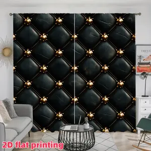 2D Flat 2Pcs Black Leather Tufted Pattern Window Curtains, Luxury Gold Button Design, Semi-Sunshade Drapes for Living Room, Bedroom, Dining, Hotel, Office, Home Decor Treatment, Window Decorations Supplies, Anti Privacy.