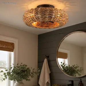 19.6" Rustic Arch Bamboo Ceiling Fan with Ceiling Light Fixture, DC Motor, 6-Speed Remote Control, Reversible, Metal Cage, Decorative Lighting for Living Room, Bedroom - Bulbs Not Included