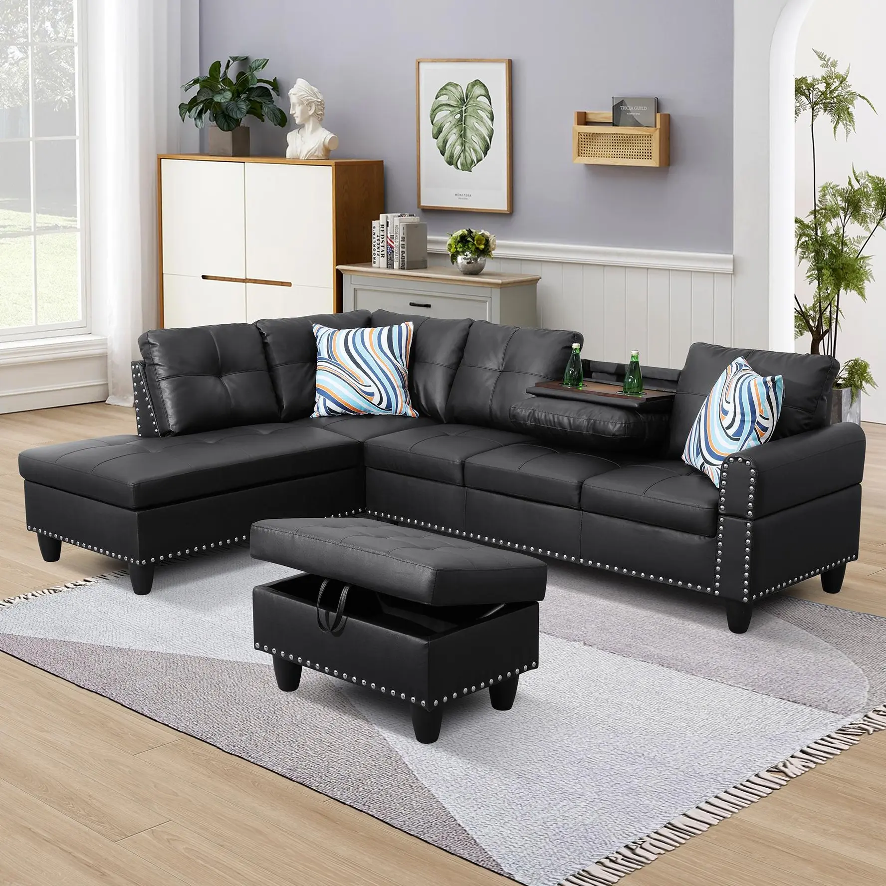 Standard 3-Piece Black Faux Leather Modern Upholstered Sofa Set with Fixed Arms - Indoor Living Room Couch, Sturdy Frame, Durable Synthetic Leather, Easy Assembly, Living Room Decor