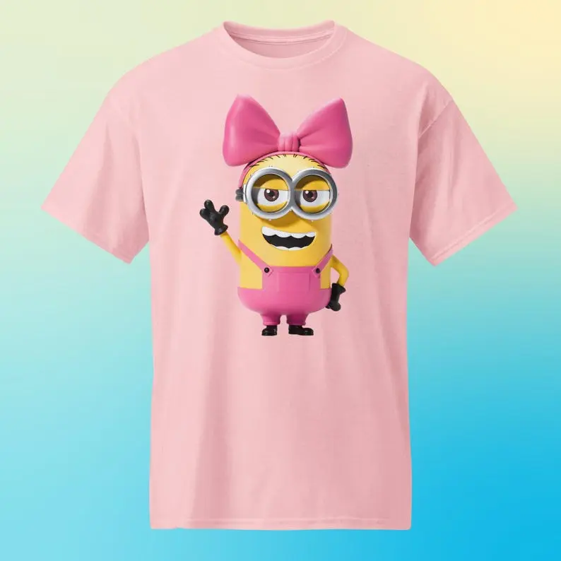 Bow-Wearing Yellow Buddy DryBlend T-Shirt, Cute Cartoon Inspired Graphic Tee #GraphicTee #CuteStyle #CasualWear #Unisex