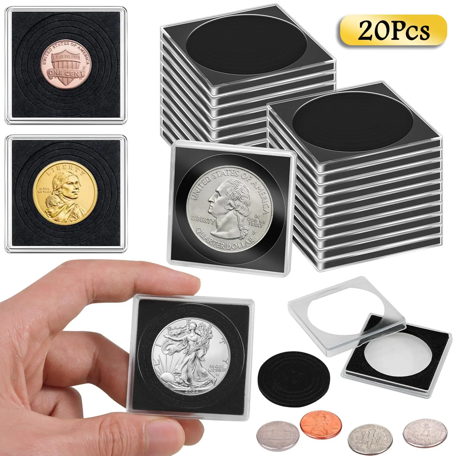20 Pcs Clear Coin Snap Holders with Sponges, Adjustable Coin Capsules, Coin Organizer Box & Protector, Storage Container for Coin Collection Supplies