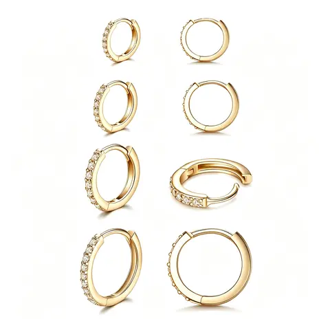 Unisex 4-Pair Huggie Hoop Earrings Set - 6mm/8mm/10mm/12mm Metal Hoops, Gold Cubic Zirconia, Synthetic Moissanite Solitaire, Hypoallergenic Sterling Cylinder, Men's Jewelry, Earring Stack, Daily Elegance, Stone & Gold Earrings for Multiple Piercings