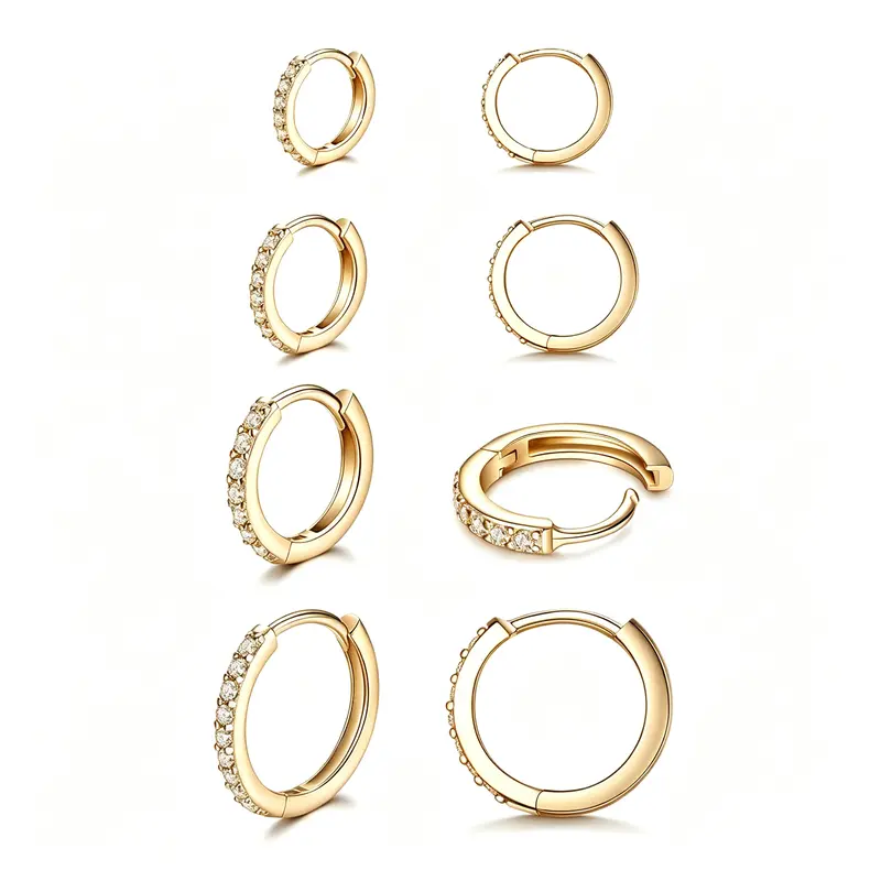 Unisex 4-Pair Huggie Hoop Earrings Set - 6mm/8mm/10mm/12mm Metal Hoops, Gold Cubic Zirconia, Synthetic Moissanite Solitaire, Hypoallergenic Sterling Cylinder, Men's Jewelry, Earring Stack, Daily Elegance, Stone & Gold Earrings for Multiple Piercings