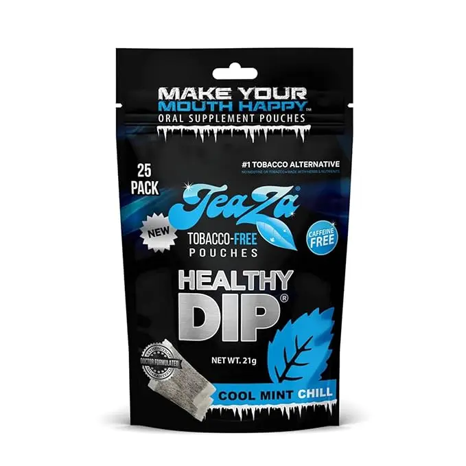 TeaZa Herbal Energy Pouches , Smokeless Alternative Snuff and Healthy Dip Pouches, Cool Mint Chill (1 Pack) Chew Premium Crisp Minty Flavor
