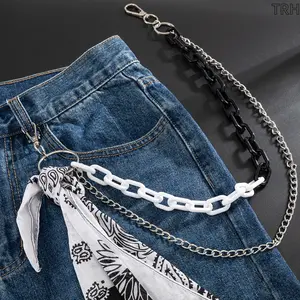 Men's Layered Paisley Bandana Jean Chain, Black White Acrylic & Silver Metal Dual Pants Chain, Y2K Hip Hop Streetwear Denim Accessory for Festivals & Daily Wear