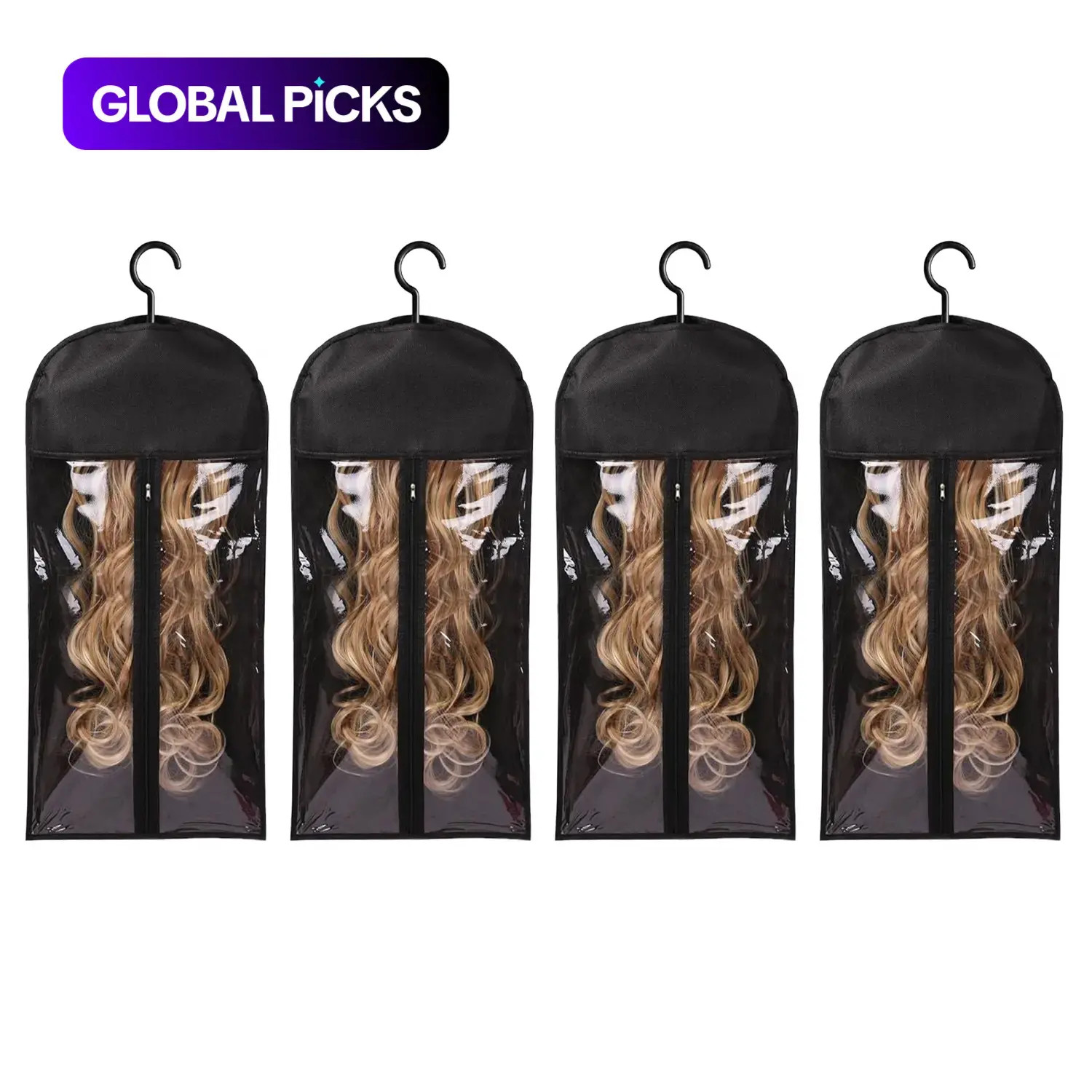 Wig Storage Bags with Hooks, 4-Pack Dustproof Zipper Covers for Wigs and Hair Extensions, for Salon and Home Use #GLOBAL PICKS