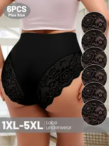 Women's Lace Detailing High-Waisted Underwear Panties Set, Plus Size Fit Comfortable Breathable Elegant Design, Ideal for Everyday Wear & Layering, Lace Fitted Panty
