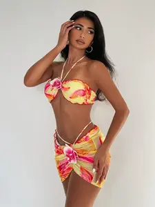 Women's Floral Ruched Bikini Set with Ruffle Design, Sexy Two-Piece Swimsuit with Skirt, Three-Piece Swimwear for Summer Beach, Floral Print Bikinis, Floral Print Swimsuits, Bikinis Sets