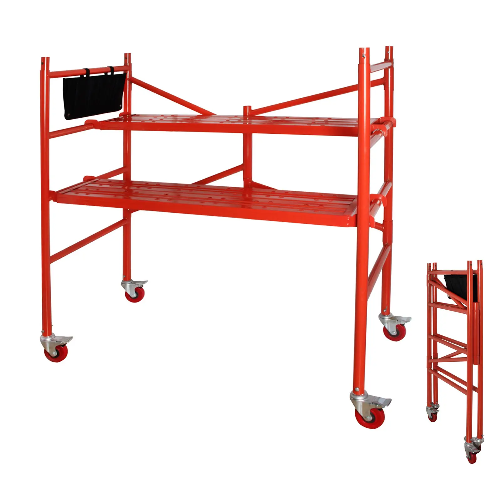 LEADALLWAY 4-Ft High Portable Rolling Baker Scaffolding Platform, 770 LBS Capacity Adjustable Compact Red Unit with Locking Wheels and Tool Bag